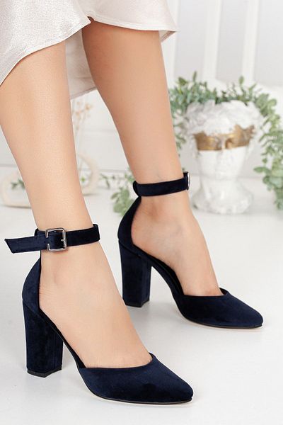 Hayalimdeki Ayakkabı Lole Navy Blue Velvet Heeled Shoes
