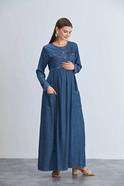 Işşıl IŞŞIL 456-Kapaklı Cep Emzirme Detay Liyosel Hamile Maxi Elbise