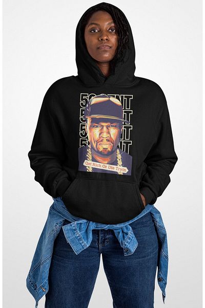 Fuddy Moda Oversize 50 Cent Printed Hooded Sweatshirt, Unisex Rap Music Themed Hoodie