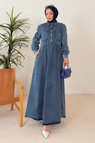 Bestenur Blue Narel Shirt 1376 - Collar Denim Dress