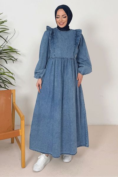 Bestenur Τζιν φόρεμα Seril Ruffle Detailed 1379 - Μπλε