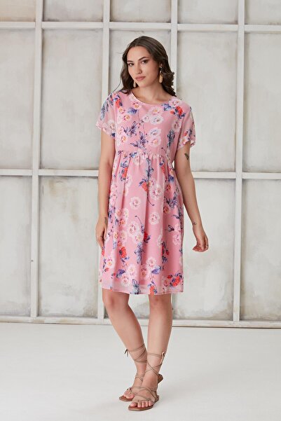 Işşıl IŞIL 4517-فستان شيفون قصير للحوامل مزين بالزهور الربيعية