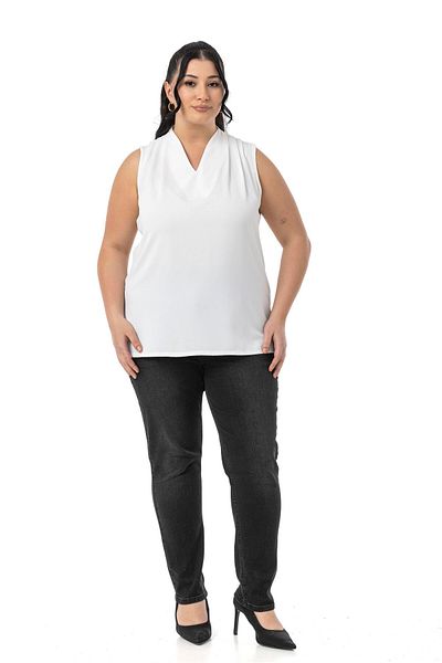 DISENTIS MODEST Plus Size Shoulder Pleat Detail V-Neck Sleeveless White Blouse