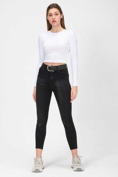 PUNKY CAT Women's White Long Sleeve Ribbed Blouse Crop Knitted T-Shirt