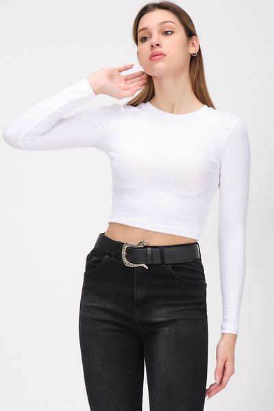 PUNKY CAT Women's White Long Sleeve Ribbed Blouse Crop Knitted T-Shirt