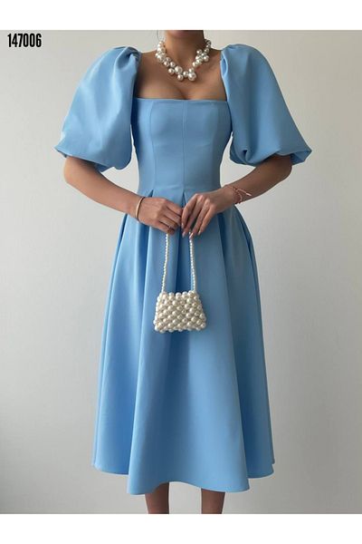 JANES Women S Red Midi Dress with Balloon Sleeves and A-Line Hem - Elegant and Chic Design