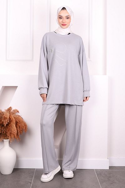 İmajButik Gray Stone Embroidered Modal Tunic Pants Suit