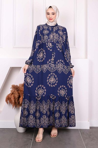 İmajButik Φόρεμα Viscon με μισό κουμπί με μπλε ναυτικό σχέδιο