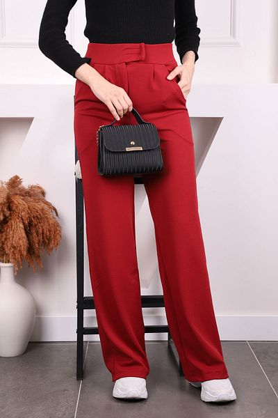 İmajButik Burgundy High Waist Palozzo Trousers with Velcro Waist