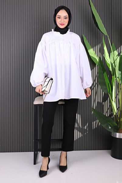 İmajButik White Collar Ruffled Balloon Sleeve Tunic