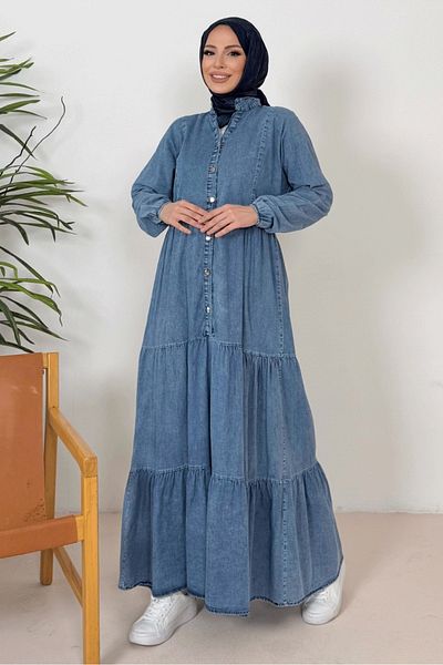 Bestenur Nidel Bat Sleeve Denim Φόρεμα 1377 - Μπλε