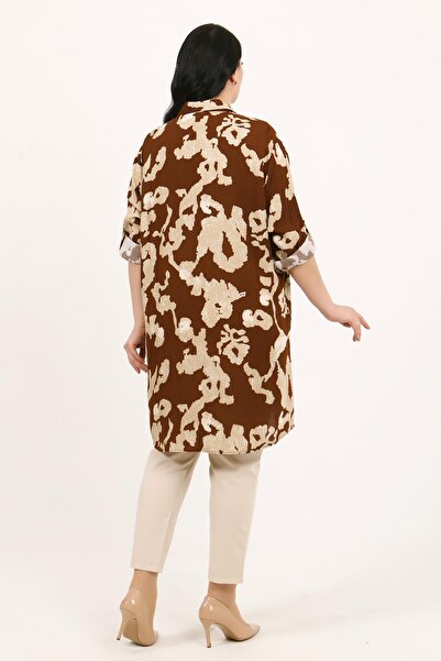 By Alba Collection Women's Tan Color Patterned Cotton Viscose Large Size Tunic
