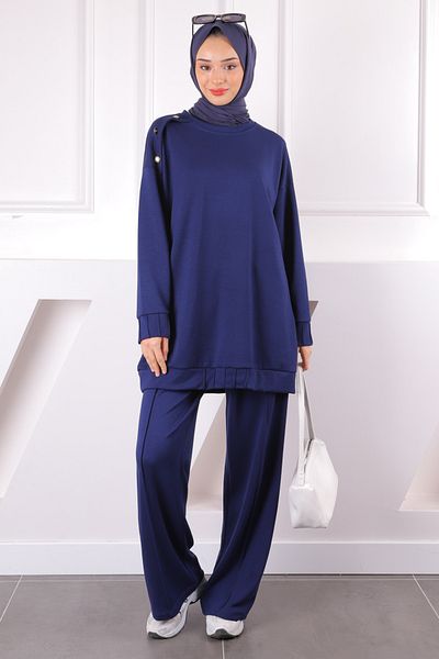 İmajButik طقم تونيك بأزرار كتف باللون الأزرق الداكن مع بنطال