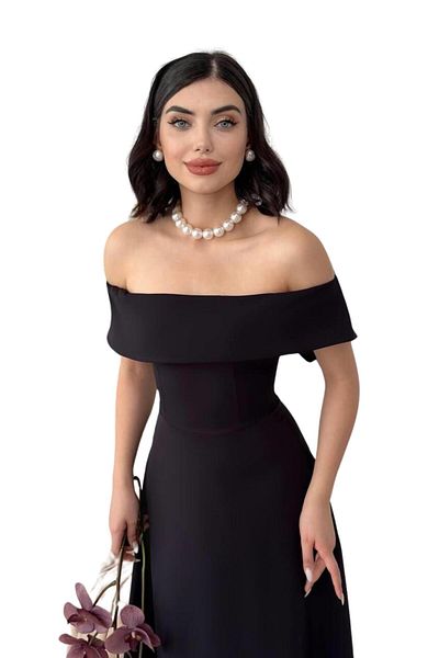 Moda Amore Women Evening Dress & Wedding & Wedding & Prom Dress - Midi Length 167 Madonna Collar Atlas Fabric