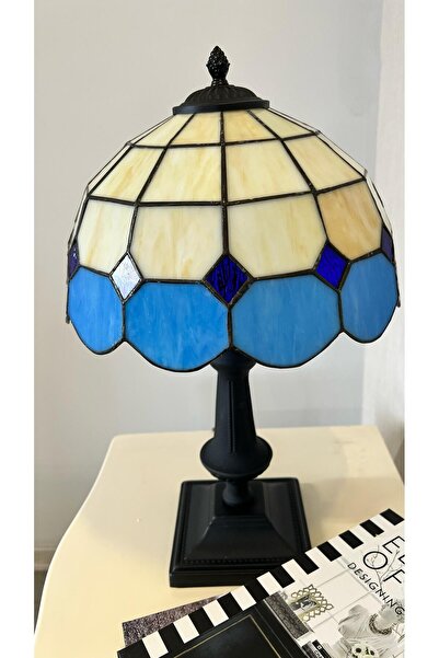 Genel Markalar El Yapımı Vitray Retro Barok Abajur Masa Lambası Oturma ve Yatak Odası Mavi Beyaz Siyah