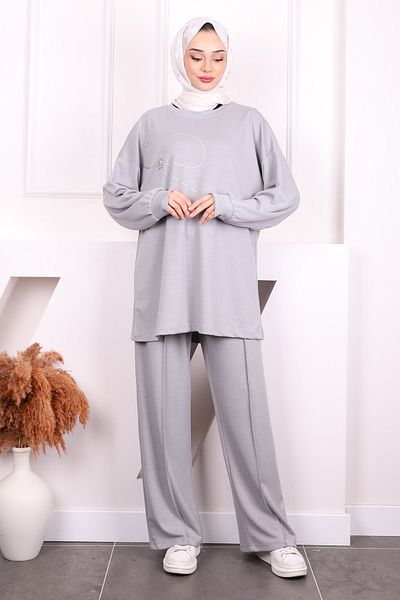 İmajButik Gray Stone Embroidered Modal Tunic Pants Suit