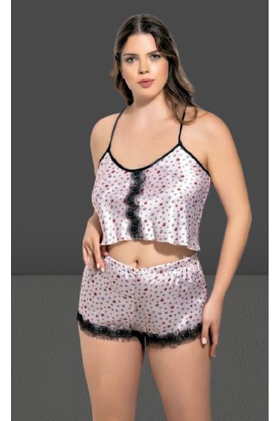Cooqpoo White Xl-2Xl-3Xl-4Xl Size Colorful Patterned Thin Strap Satin Nightgown Suit