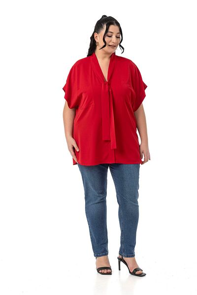 DISENTIS MODEST Large Size Red Blouse with Tie-Up Detail at the Collar and Low Half Sleeves