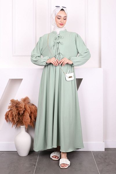 İmajButik Φόρεμα με πράσινο μανίκι με ελαστικό γιακά με γραβάτα
