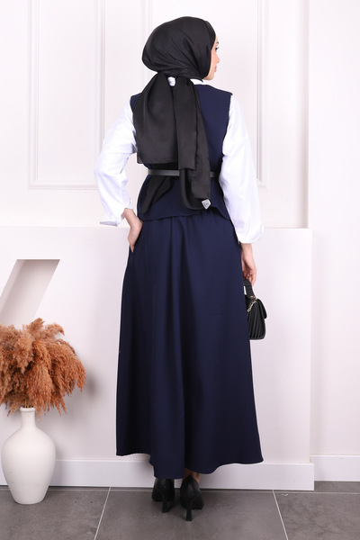 İmajButik Navy Blue Waist Belted Vest Skirt Suit