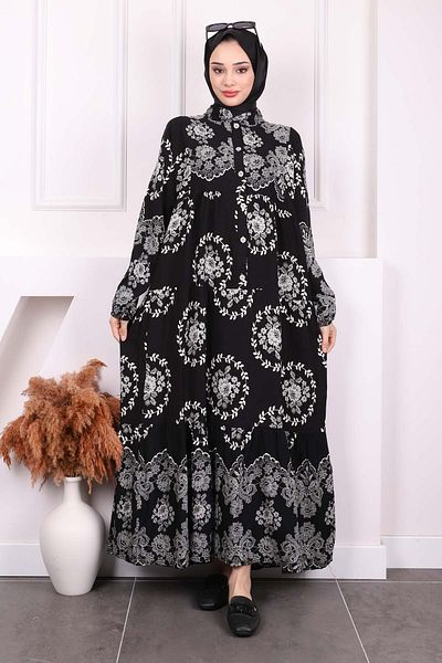 İmajButik Φόρεμα Viscon με μαύρο σχέδιο με μισό κουμπί