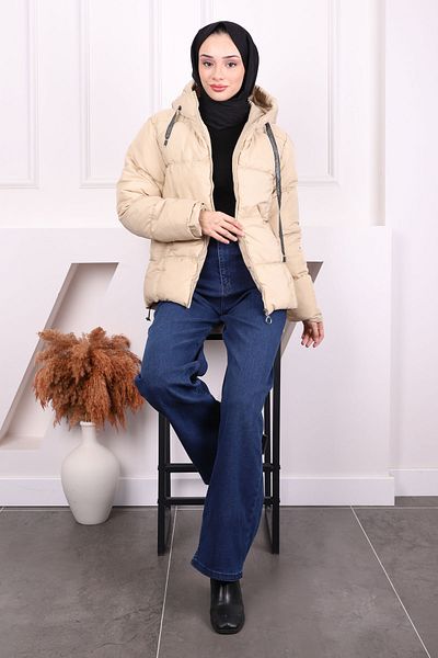 İmajButik Μπεζ πουπουλένιο παλτό με κουκούλα και τσέπες