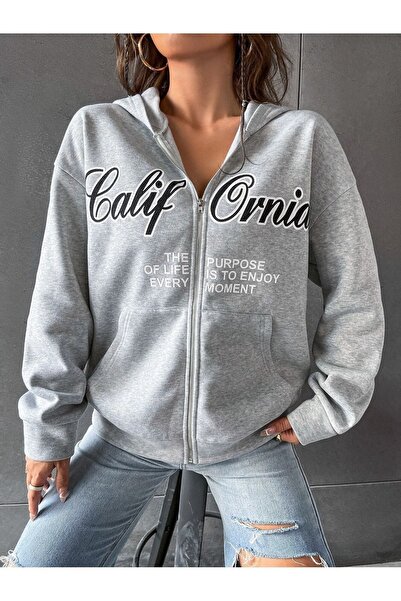 Wish BF California Hırka - Siyah Baskılı Kışlık Oversize Kapüşonlu Fermuarlı ...