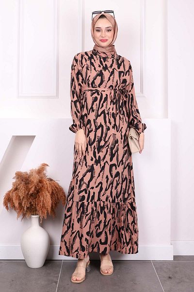 İmajButik Φόρεμα Viscon με στρίφωμα με σχέδιο καμήλας