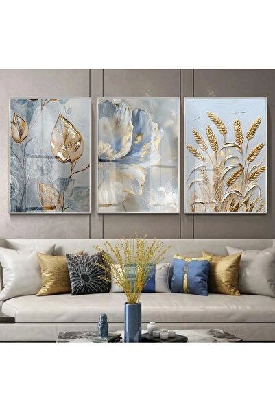 KOLAJTASARIM Bohem Çiçek Desenli Gold Detaylı Gümüş Metal Çerçeveli Cam Tablo