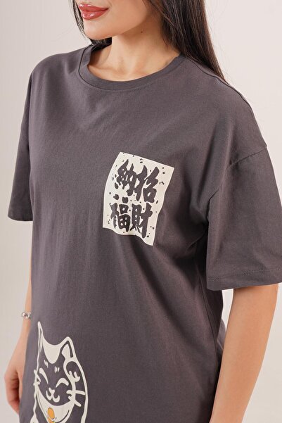 Hipo Trend Back and Front Cat Printed Anthracite T-Shirt