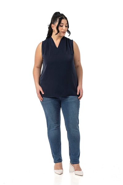 DISENTIS MODEST Plus Size Shoulder Pleat Detailed V-Neck Sleeveless Navy Blue Blouse