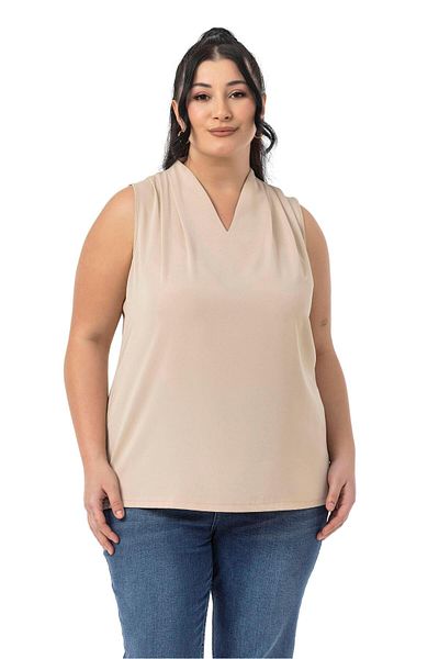 DISENTIS MODEST Large Size Shoulder Pleat Detail V-Neck Sleeveless Beige Color Blouse