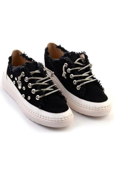 Erkan Saçmacı Tenis Valentina Black Denim Crystal Stone Silver cu șireturi