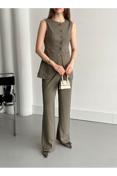 My Blog Khaki Buttoned Vest Trousers Suit - 8484