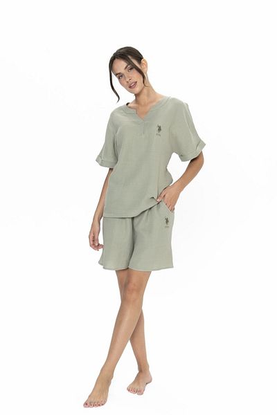 U.S. Polo Assn. 20017 Women's Haki Short Sleeve Patched Muslin Fabric Shorts Set