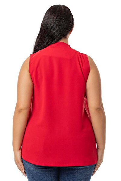 DISENTIS MODEST Plus Size Pleated Shoulder Detail V-Neck Sleeveless Red Blouse