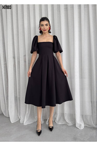 JANES Women S Red Midi Dress with Balloon Sleeves and A-Line Hem - Elegant and Chic Design