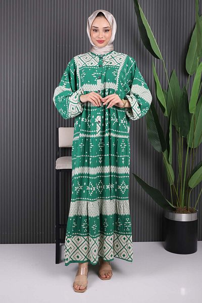İmajButik Φόρεμα Viscon με πράσινο σχέδιο με μισό κουμπί