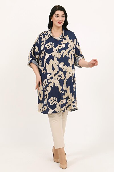 By Alba Collection Women's Navy Blue Color Patterned Cotton Viscose Large Size Tunic