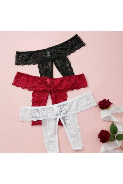 Bacio Women's 3-Piece Private Parts Open Lace Thong Set
