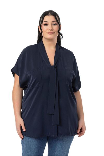 DISENTIS MODEST Large Size Tie-Up Collar Detail Low Half Sleeve Navy Blue Blouse