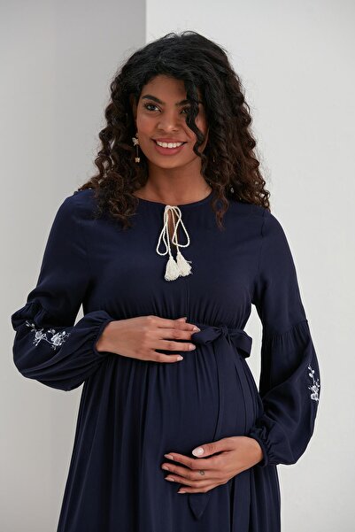 Işşıl M051-nakışlı Balon Kol Hamile Viskon Maxi Elbise