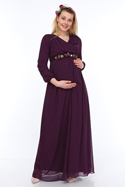 Işşıl 6002-hamile Şakayık Kemer Uzun Kol Şifon Elbise