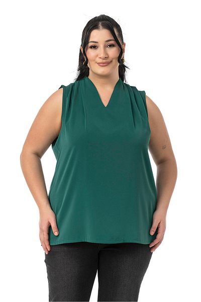 DISENTIS MODEST Plus Size Shoulder Pleat Detail V-Neck Sleeveless Emerald Green Blouse