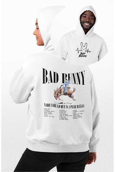 Fuddy Moda Φούτερ με κουκούλα με στάμπα Bad Bunny Back, Unisex Rapper Hoodie