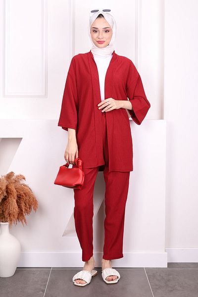 İmajButik Σετ παντελόνι κιμονό μπορντό τυλιγμένο