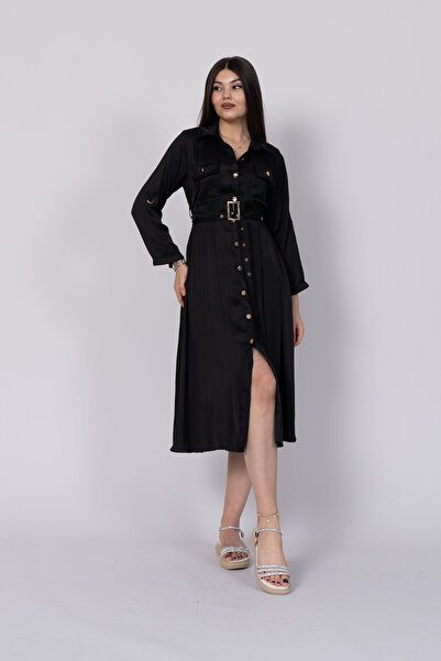 MissVina Long Sleeve and Foldable Sleeves Long Buttoned Satin Dress with Elas...