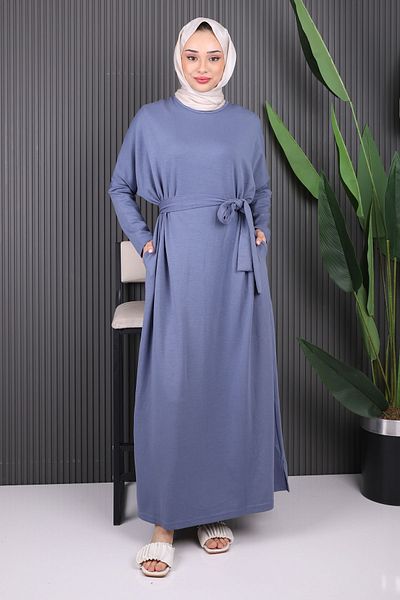 İmajButik Φαρδύ φόρεμα με μανίκια με ζώνη Indigo