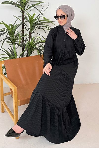 Bestenur Selur V Neck φόρεμα 1360 - Μαύρο