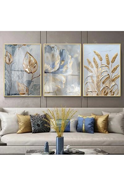 KOLAJTASARIM Bohem Çiçek Desenli Gold Detaylı Gold Metal Çerçeveli Cam Tablo /S